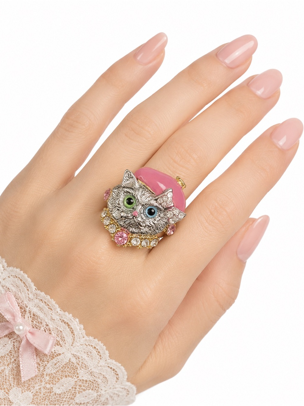 NEW French Cat Beret Ring Rhinestone Kitty Green Blue Eyes Princess Jewelry Adj